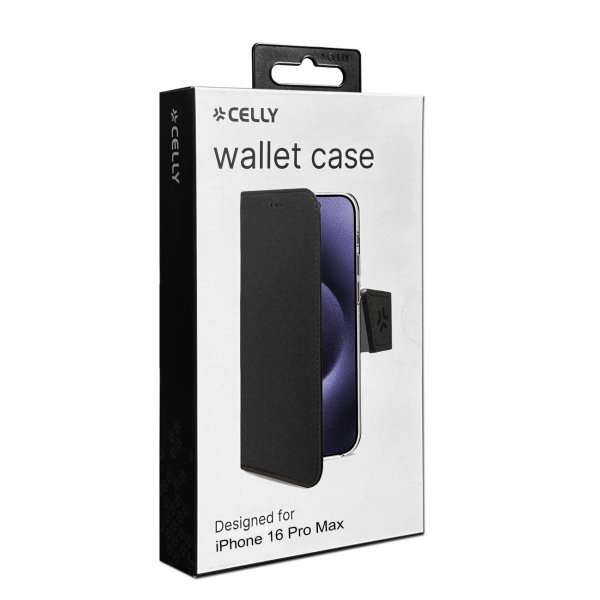Celly iPhone 16 Pro Max -suojakotelo Wally Wallet Case, musta
