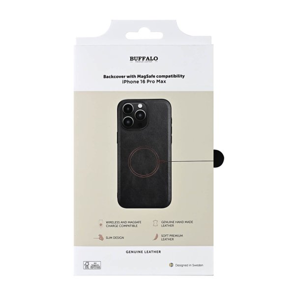 Buffalo iPhone 16 Pro Max -suojakuori, aitoa nahkaa, MagSeries, musta