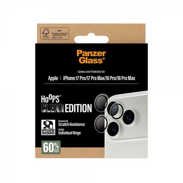 PanzerGlass iPhone 16 Pro/Pro Max/17 Pro/Pro Max kameran suoja Hoops läpinäkyvä