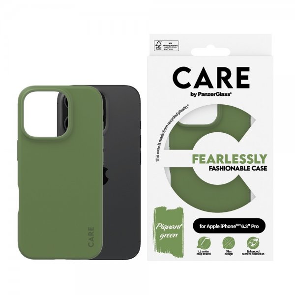 CARE by PanzerGlass iPhone 16 Pro -kuori, muodikas vihreä