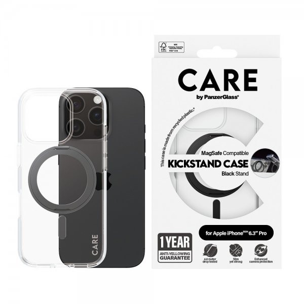 CARE by PanzerGlass iPhone 16 Pro -suojakuori jalustalla, MagSafe, musta