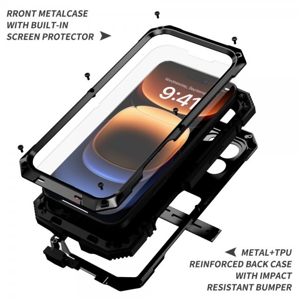 R-JUST iPhone 16 Pro Kuori Metalli Iskunkestävä Musta