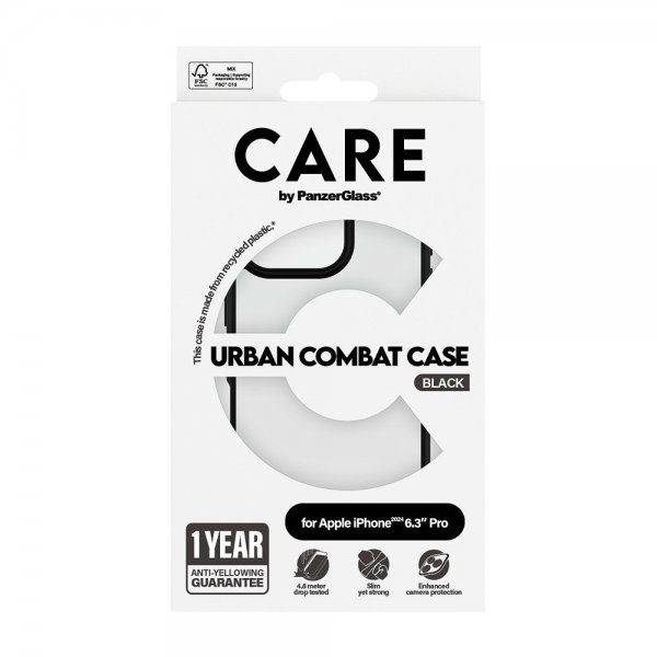 CARE by PanzerGlass iPhone 16 Pro Urban Combat -kuori, musta