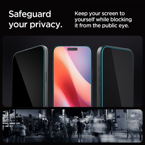 Spigen iPhone 16 Pro/iPhone 17/17 Pro -näytönsuoja GLAS.tR EZ Fit Privacy 2-pack