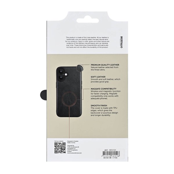 Buffalo iPhone 16 -kuori, aitoa nahkaa, MagSeries, musta