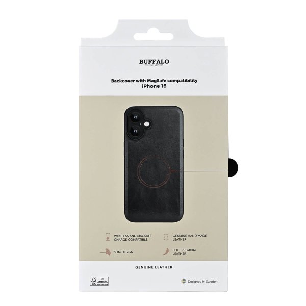 Buffalo iPhone 16 -kuori, aitoa nahkaa, MagSeries, musta
