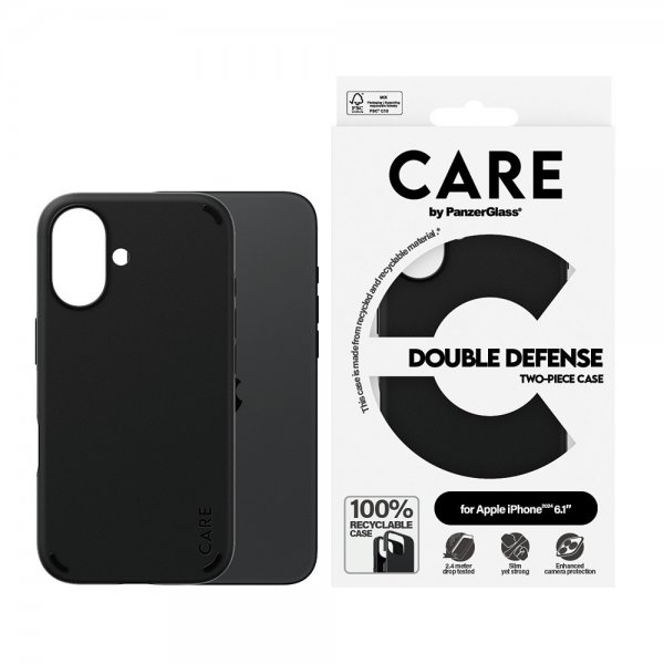 CARE by PanzerGlass iPhone 16 -suojakuori Double Defence, musta