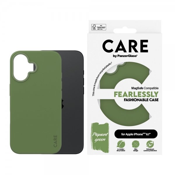 CARE by PanzerGlass iPhone 16 -suojakuori, tyylikäs MagSafe, vihreä