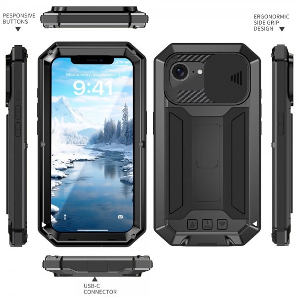 R-JUST iPhone 16./17. Kuori Metallinen Iskunkestävä Kameran Suojus Musta