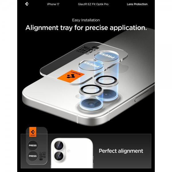 Spigen iPhone 17 -kameran suojalasi GLAS.tR EZ Fit Optik Pro, 2 kpl, hopea