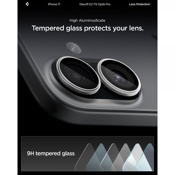 Spigen iPhone 17 -kameran suojalasi GLAS.tR EZ Fit Optik Pro, 2 kpl, hopea