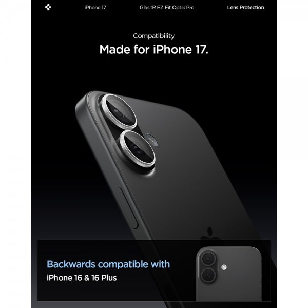 Spigen iPhone 17 -kameran suojalasi GLAS.tR EZ Fit Optik Pro, 2 kpl, hopea