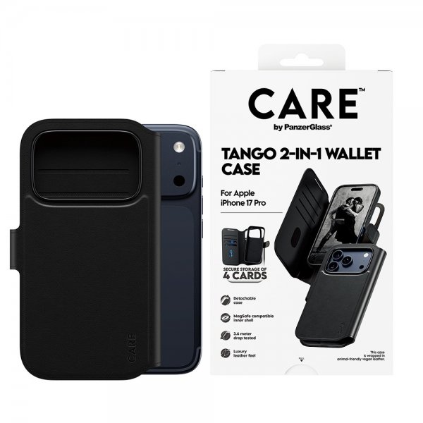 CARE by PanzerGlass iPhone 17 Pro -kotelo Tango Two-in-One Wallet MagSafe, musta