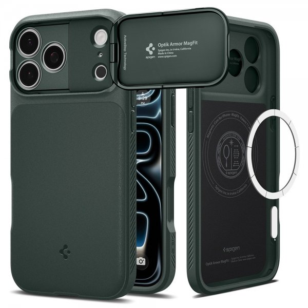Spigen iPhone 17 Pro Max -kuori Optik Armor MagFit Abyss Green
