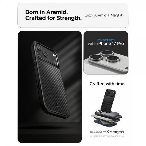 Spigen iPhone 17 Pro -kuori Enzo Aramid T MagFit musta