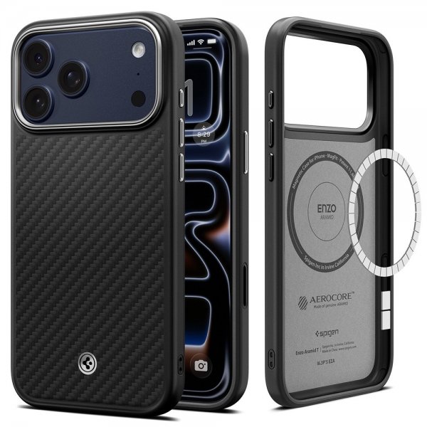 Spigen iPhone 17 Pro -kuori Enzo Aramid T MagFit musta hopea
