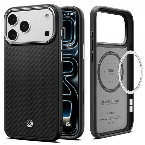 Spigen iPhone 17 Pro -kuori Enzo Aramid T MagFit musta hopea