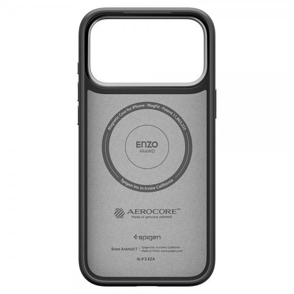 Spigen iPhone 17 Pro -kuori Enzo Aramid T MagFit musta hopea