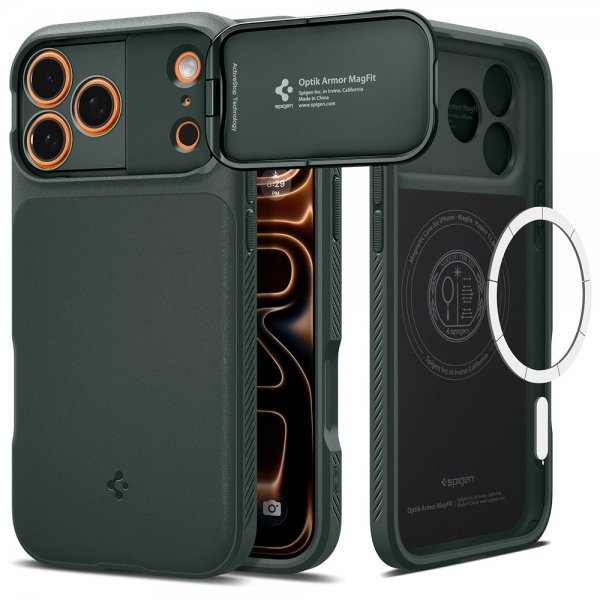 Spigen iPhone 17 Pro -kuori Optik Armor MagFit Abyss Green