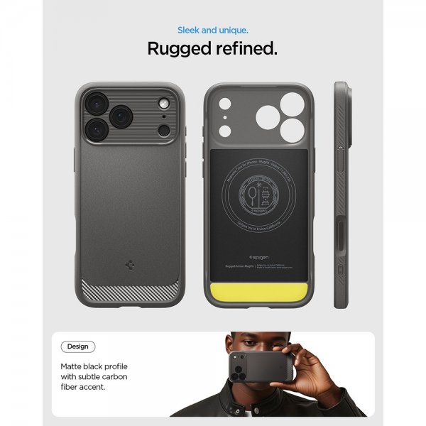 Spigen iPhone 17 Pro -kuori, Rugged Armor MagFit, harmaa