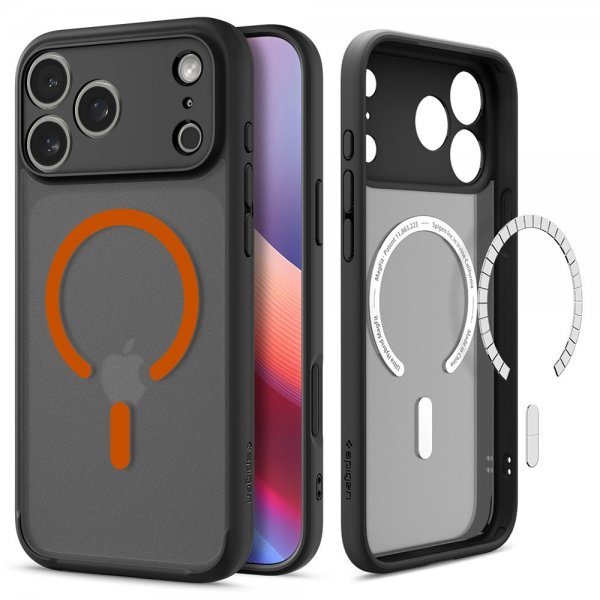 Spigen iPhone 17 Pro -suojakuori Ultra Hybrid MagFit Frost Black Orange