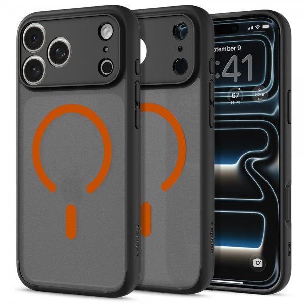 Spigen iPhone 17 Pro -suojakuori Ultra Hybrid MagFit Frost Black Orange