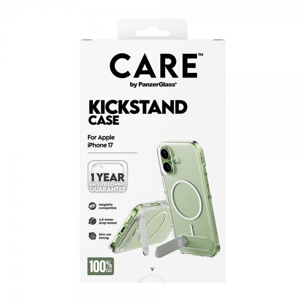 CARE by PanzerGlass iPhone 17 -kuori, tukijalka, MagSafe, läpinäkyvä