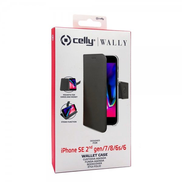 Celly iPhone 6/6S/7/8/SE suojakuori Wally Wallet Case musta