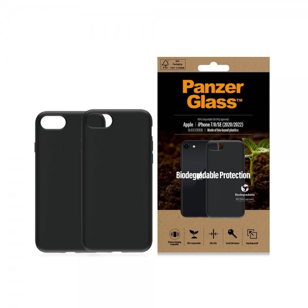 PanzerGlass iPhone 7/8/SE kuori, biohajoava, musta