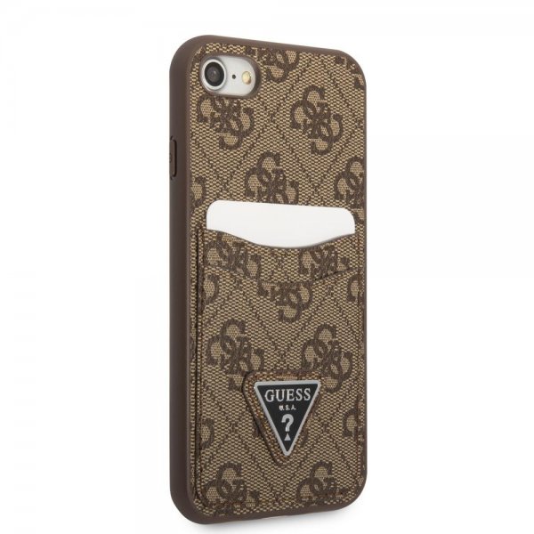 Guess iPhone 7/8/SE Kuori Double Cardslot Metal Triangle Ruskea
