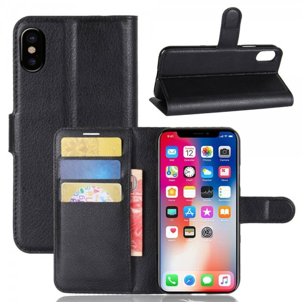 iPhone X/Xs Litchi Musta Kotelo