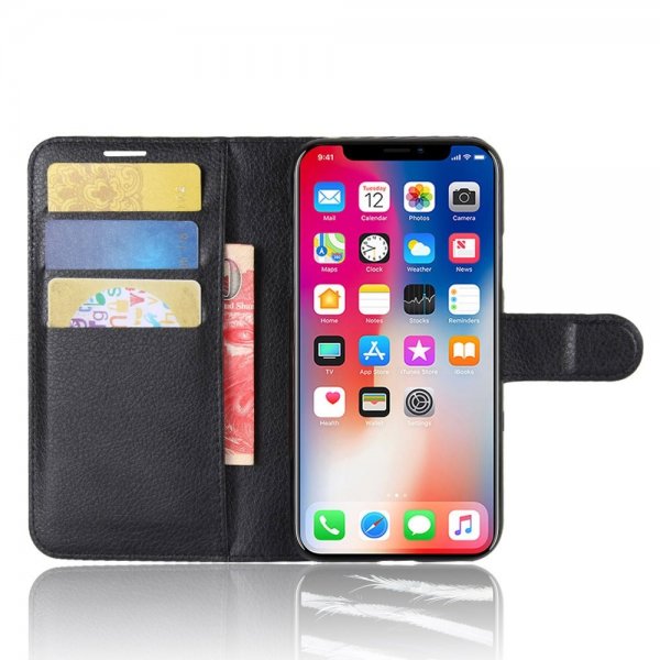 iPhone X/Xs Litchi Musta Kotelo