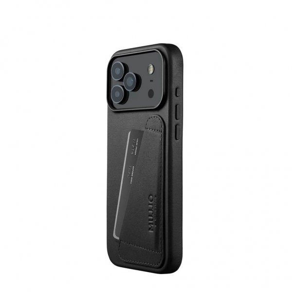 Mujjo iPhone 17 Pro Max -suojakuori, täysnahkainen lompakkokotelo MagSafe, musta