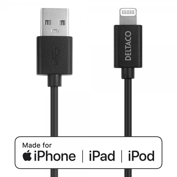 Deltaco USB-A-kaapeli Lightning-liittimellä 2 m, musta