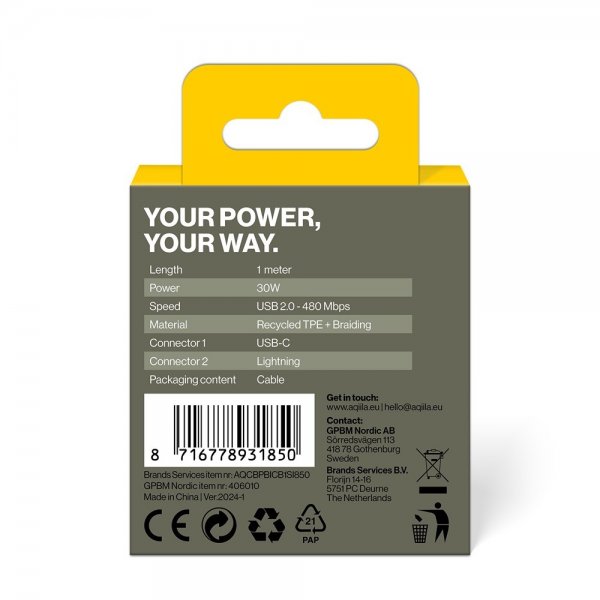 Aqiila Kabel Cablebird CB21 USB-C–Lightning 60W 1m Musta