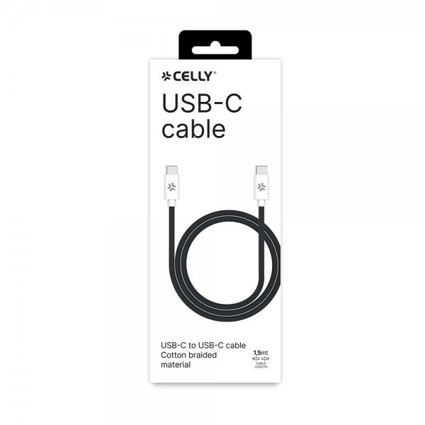 Celly Kaapeli Puuvillapunottu USB-C-USB-C 1,5m Musta