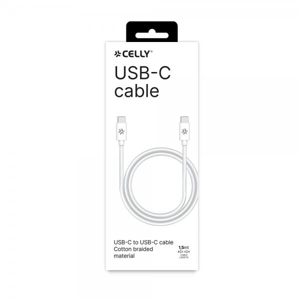 Celly-kaapeli, punottu puuvilla, USB-C–USB-C, 1,5 m, valkoinen