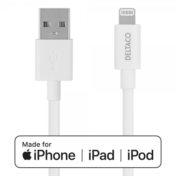 Deltaco-kaapeli USB-A-kaapeli Lightning-liittimellä 2 m, valkoinen