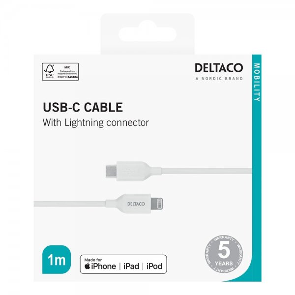 Deltaco-kaapeli USB-C–Lightning-kaapeli 1m Valkoinen