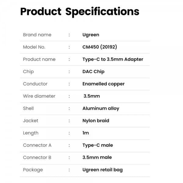 Ugreen USB-C–3,5 mm AUX -kaapeli 1 m