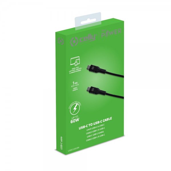 Celly USB-C/USB-C -kaapeli 60W 1m Musta