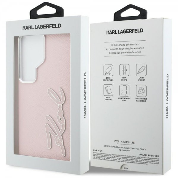 Karl Lagerfeld Samsung Galaxy S26 Ultra -kuori, metallilogo, rakeinen, vaaleanpunainen