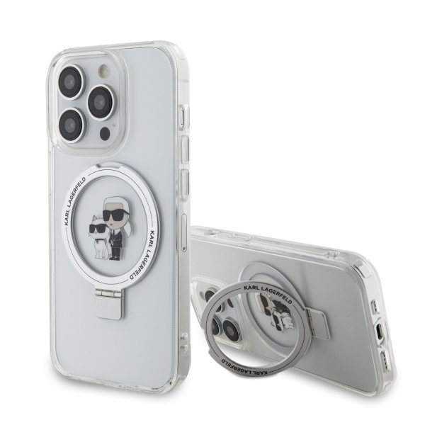 Karl Lagerfeld iPhone 15 -kuori jalustalla MagSafe valkoinen