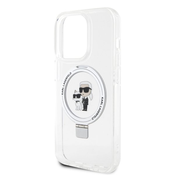 Karl Lagerfeld iPhone 15 -kuori jalustalla MagSafe valkoinen