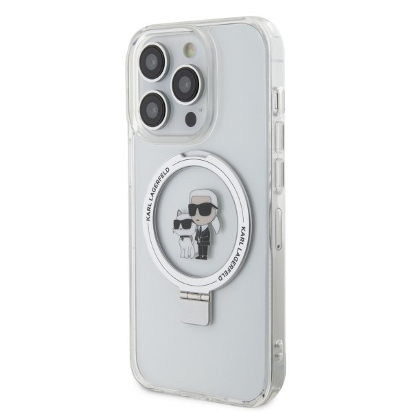 Karl Lagerfeld iPhone 15 -kuori jalustalla MagSafe valkoinen