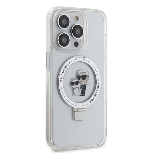 Karl Lagerfeld iPhone 15 -kuori jalustalla MagSafe valkoinen