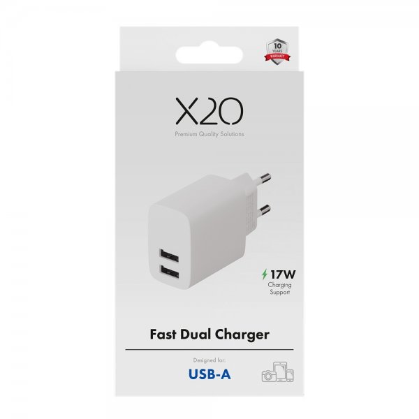 X2O Laturi 17W Kaksi USB-A/USB-A Valkoinen
