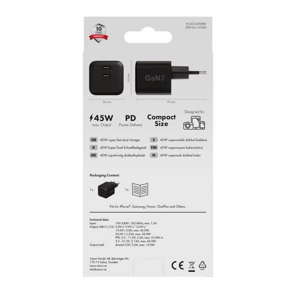 X2O-laturi 45W Kaksi USB-C/USB-C GaN Musta