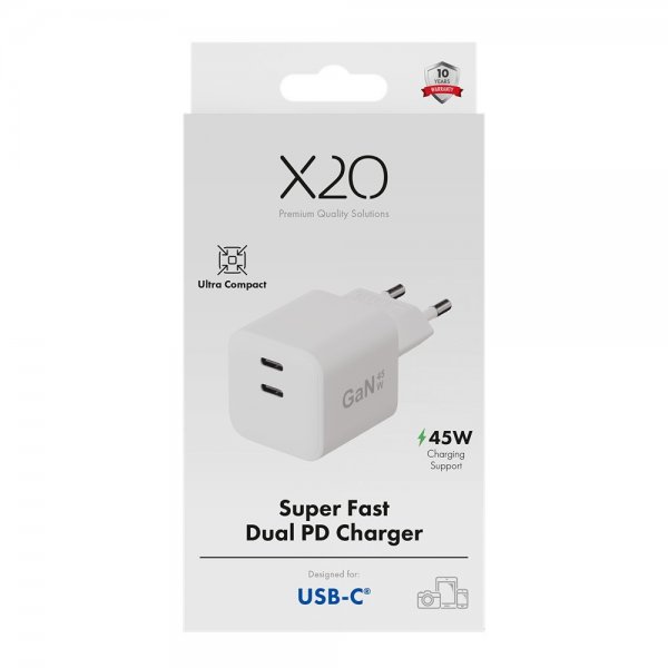X2O Laturi 45W Kaksois-USB-C/USB-C GaN Valkoinen