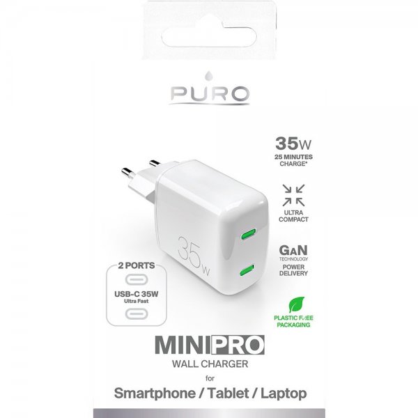 Puro Laddare MiniPro -seinälaturi, 2xUSB-C, 35W